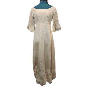 Vintage 60s Creme Satin Wedding Dress Half Sleeve Floor Length Gown classic basi